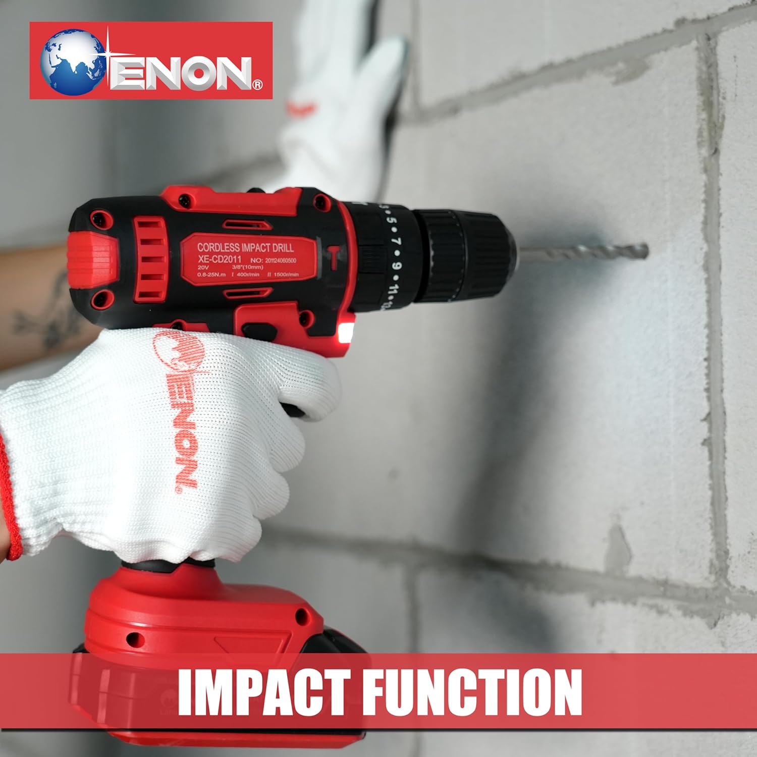 Enon Cordless Impact Drill for Home Use, 20V, 1500Rpm, Keyless Chuck 10mm, 25 Level Torque, F/R Trigger, 2 Modes, 2X1.5Ah Batteries, Drill Kit for Wood, Metal, Concrete - 6 Month Warranty (XE-CD2011) Enon Cordless Impact Drill for Home Use, 20V, 1500Rpm, Keyless Chuck 10mm, 25 Level Torque, F/R Trigger, 2 Modes, 2X1.5Ah Batteries, Drill Kit for Wood, Metal, Concrete - 6 Month Warranty (XE-CD2011)